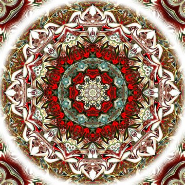 Benzersiz mandala, Oriental yuvarlak desen, mistik motifi, egzotik arka plan. Fantastik fraktal tasarım, geometrik doku parlayan renkli dijital sanat.