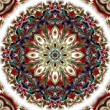 Benzersiz mandala, Oriental yuvarlak desen, mistik motifi, egzotik arka plan. Fantastik fraktal tasarım, geometrik doku parlayan renkli dijital sanat.