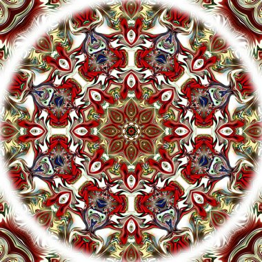 Benzersiz mandala, Oriental yuvarlak desen, mistik motifi, egzotik arka plan. Fantastik fraktal tasarım, geometrik doku parlayan renkli dijital sanat.