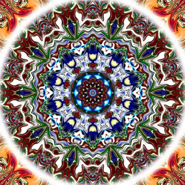 Benzersiz mandala, Oriental yuvarlak desen, mistik motifi, egzotik arka plan. Fantastik fraktal tasarım, geometrik doku parlayan renkli dijital sanat.