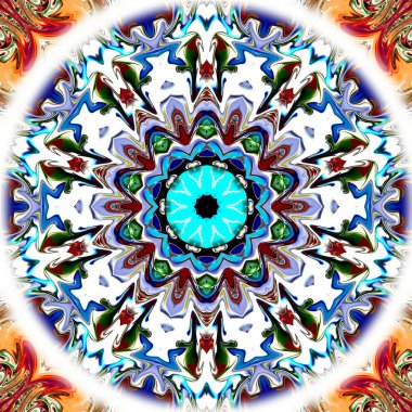 Benzersiz mandala, Oriental yuvarlak desen, mistik motifi, egzotik arka plan. Fantastik fraktal tasarım, geometrik doku parlayan renkli dijital sanat.