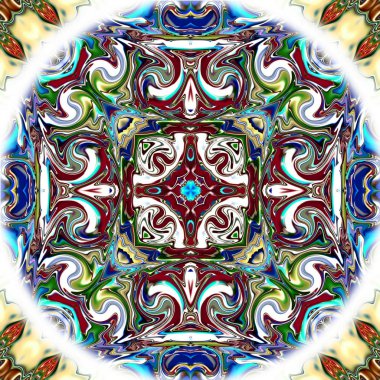 Benzersiz mandala, Oriental yuvarlak desen, mistik motifi, egzotik arka plan. Fantastik fraktal tasarım, geometrik doku parlayan renkli dijital sanat.