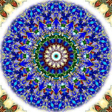 Benzersiz mandala, Oriental yuvarlak desen, mistik motifi, egzotik arka plan. Fantastik fraktal tasarım, geometrik doku parlayan renkli dijital sanat.