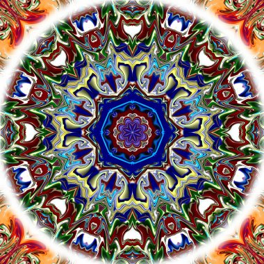 Benzersiz mandala, Oriental yuvarlak desen, mistik motifi, egzotik arka plan. Fantastik fraktal tasarım, geometrik doku parlayan renkli dijital sanat.