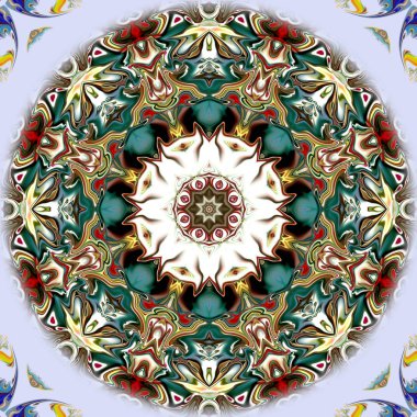 Benzersiz mandala, Oriental yuvarlak desen, mistik motifi, egzotik arka plan. Fantastik fraktal tasarım, geometrik doku parlayan renkli dijital sanat.