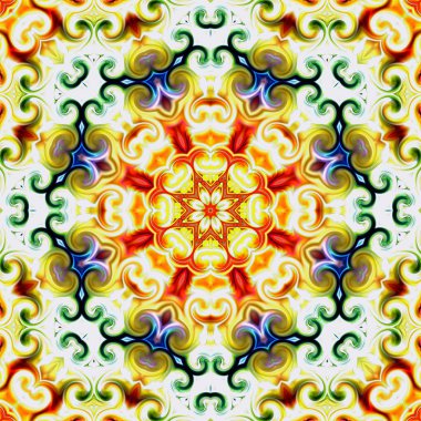 Benzersiz mandala, Oriental yuvarlak desen, mistik motifi, egzotik arka plan. Fantastik fraktal tasarım, geometrik doku parlayan renkli dijital sanat.