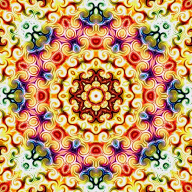 Benzersiz mandala, Oriental yuvarlak desen, mistik motifi, egzotik arka plan. Fantastik fraktal tasarım, geometrik doku parlayan renkli dijital sanat.