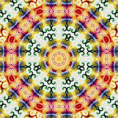 Benzersiz mandala, Oriental yuvarlak desen, mistik motifi, egzotik arka plan. Fantastik fraktal tasarım, geometrik doku parlayan renkli dijital sanat.