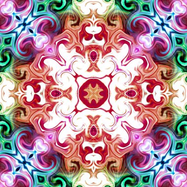 Benzersiz mandala, Oriental yuvarlak desen, mistik motifi, egzotik arka plan. Fantastik fraktal tasarım, geometrik doku parlayan renkli dijital sanat.