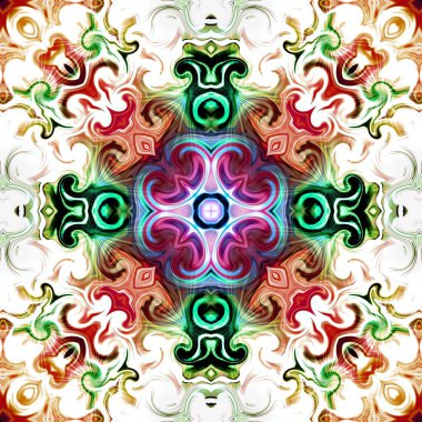 Benzersiz mandala, Oriental yuvarlak desen, mistik motifi, egzotik arka plan. Fantastik fraktal tasarım, geometrik doku parlayan renkli dijital sanat.