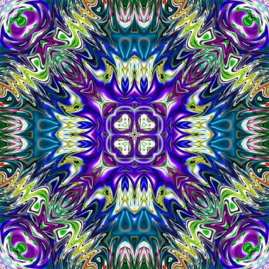 Benzersiz mandala, Oriental yuvarlak desen, mistik motifi, egzotik arka plan. Fantastik fraktal tasarım, geometrik doku parlayan renkli dijital sanat.