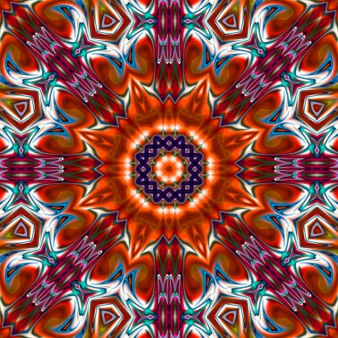 Benzersiz mandala, Oriental yuvarlak desen, mistik motifi, egzotik arka plan. Fantastik fraktal tasarım, geometrik doku parlayan renkli dijital sanat.