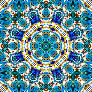 Benzersiz mandala, Oriental yuvarlak desen, mistik motifi, egzotik arka plan. Fantastik fraktal tasarım, geometrik doku parlayan renkli dijital sanat.