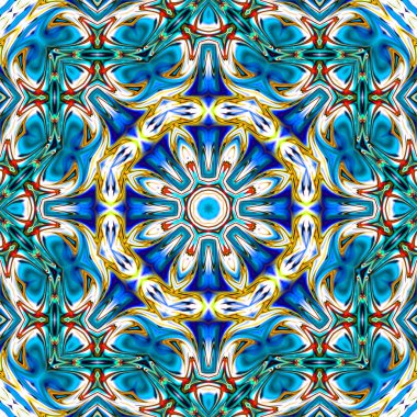 Benzersiz mandala, Oriental yuvarlak desen, mistik motifi, egzotik arka plan. Fantastik fraktal tasarım, geometrik doku parlayan renkli dijital sanat.