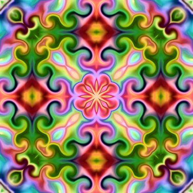 Benzersiz mandala, Oriental yuvarlak desen, mistik motifi, egzotik arka plan. Fantastik fraktal tasarım, geometrik doku parlayan renkli dijital sanat.