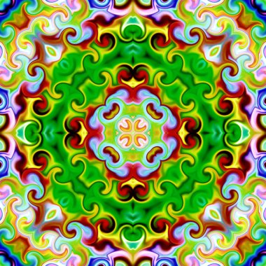 Benzersiz mandala, Oriental yuvarlak desen, mistik motifi, egzotik arka plan. Fantastik fraktal tasarım, geometrik doku parlayan renkli dijital sanat.