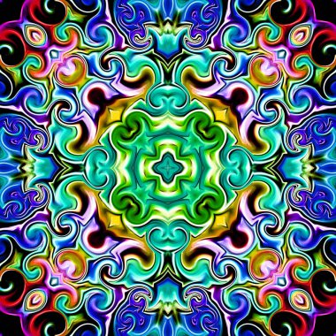 Benzersiz mandala, Oriental yuvarlak desen, mistik motifi, egzotik arka plan. Fantastik fraktal tasarım, geometrik doku parlayan renkli dijital sanat.