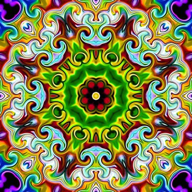 Benzersiz mandala, Oriental yuvarlak desen, mistik motifi, egzotik arka plan. Fantastik fraktal tasarım, geometrik doku parlayan renkli dijital sanat.