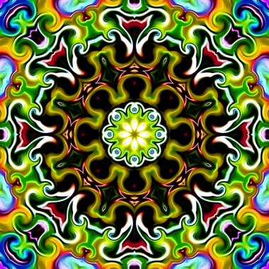 Benzersiz mandala, Oriental yuvarlak desen, mistik motifi, egzotik arka plan. Fantastik fraktal tasarım, geometrik doku parlayan renkli dijital sanat.