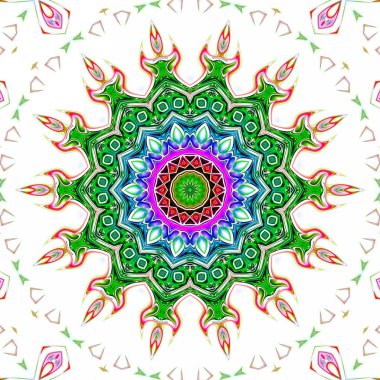 Benzersiz mandala, Oriental yuvarlak desen, mistik motifi, egzotik arka plan. Fantastik fraktal tasarım, geometrik doku parlayan renkli dijital sanat.