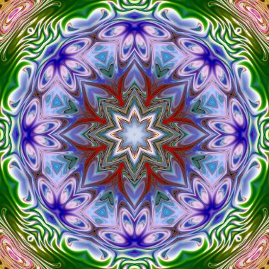 Benzersiz mandala, Oriental yuvarlak desen, mistik motifi, egzotik arka plan. Fantastik fraktal tasarım, geometrik doku parlayan renkli dijital sanat.