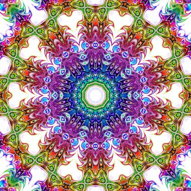 Benzersiz mandala, Oriental yuvarlak desen, mistik motifi, egzotik arka plan. Fantastik fraktal tasarım, geometrik doku parlayan renkli dijital sanat.