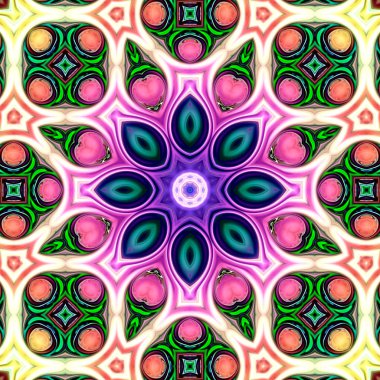 Benzersiz mandala, Oriental yuvarlak desen, mistik motifi, egzotik arka plan. Fantastik fraktal tasarım, geometrik doku parlayan renkli dijital sanat.