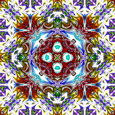 Benzersiz mandala, Oriental yuvarlak desen, mistik motifi, egzotik arka plan. Fantastik fraktal tasarım, geometrik doku parlayan renkli dijital sanat.