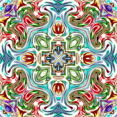 Benzersiz mandala, Oriental yuvarlak desen, mistik motifi, egzotik arka plan. Fantastik fraktal tasarım, geometrik doku parlayan renkli dijital sanat.