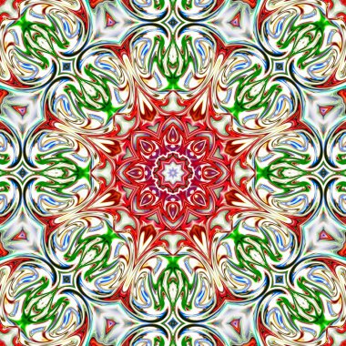 Benzersiz mandala, Oriental yuvarlak desen, mistik motifi, egzotik arka plan. Fantastik fraktal tasarım, geometrik doku parlayan renkli dijital sanat.