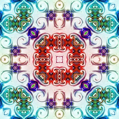 Benzersiz mandala, Oriental yuvarlak desen, mistik motifi, egzotik arka plan. Fantastik fraktal tasarım, geometrik doku parlayan renkli dijital sanat.