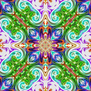 Benzersiz mandala, Oriental yuvarlak desen, mistik motifi, egzotik arka plan. Fantastik fraktal tasarım, geometrik doku parlayan renkli dijital sanat.