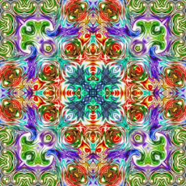 Benzersiz mandala, Oriental yuvarlak desen, mistik motifi, egzotik arka plan. Fantastik fraktal tasarım, geometrik doku parlayan renkli dijital sanat.