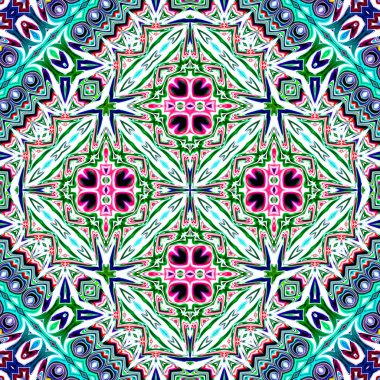 Benzersiz mandala, Oriental yuvarlak desen, mistik motifi, egzotik arka plan. Fantastik fraktal tasarım, geometrik doku parlayan renkli dijital sanat.