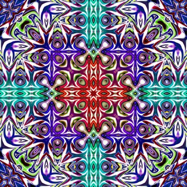 Benzersiz mandala, Oriental yuvarlak desen, mistik motifi, egzotik arka plan. Fantastik fraktal tasarım, geometrik doku parlayan renkli dijital sanat.