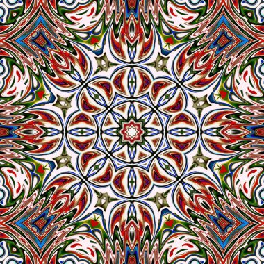 Benzersiz mandala, Oriental yuvarlak desen, mistik motifi, egzotik arka plan. Fantastik fraktal tasarım, geometrik doku parlayan renkli dijital sanat.