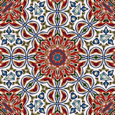 Benzersiz mandala, Oriental yuvarlak desen, mistik motifi, egzotik arka plan. Fantastik fraktal tasarım, geometrik doku parlayan renkli dijital sanat.
