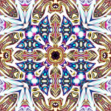 Benzersiz mandala, Oriental yuvarlak desen, mistik motifi, egzotik arka plan. Fantastik fraktal tasarım, geometrik doku parlayan renkli dijital sanat.