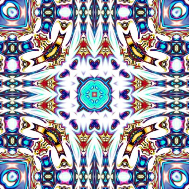 Benzersiz mandala, Oriental yuvarlak desen, mistik motifi, egzotik arka plan. Fantastik fraktal tasarım, geometrik doku parlayan renkli dijital sanat.