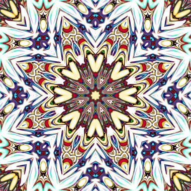 Benzersiz mandala, Oriental yuvarlak desen, mistik motifi, egzotik arka plan. Fantastik fraktal tasarım, geometrik doku parlayan renkli dijital sanat.