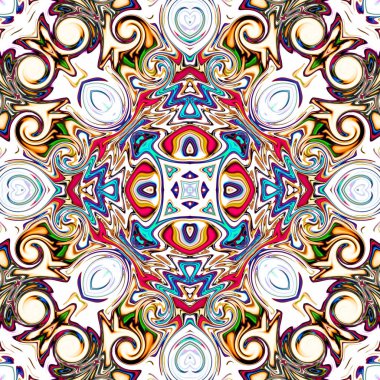 Benzersiz mandala, Oriental yuvarlak desen, mistik motifi, egzotik arka plan. Fantastik fraktal tasarım, geometrik doku parlayan renkli dijital sanat.