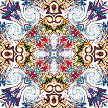 Benzersiz mandala, Oriental yuvarlak desen, mistik motifi, egzotik arka plan. Fantastik fraktal tasarım, geometrik doku parlayan renkli dijital sanat.