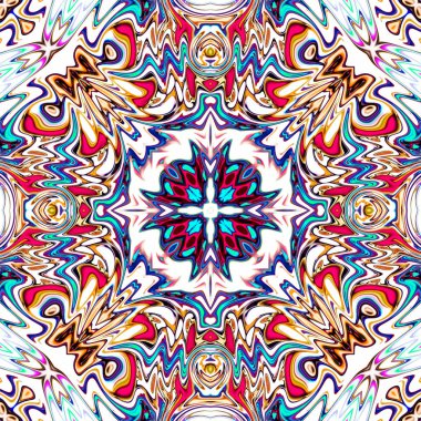 Benzersiz mandala, Oriental yuvarlak desen, mistik motifi, egzotik arka plan. Fantastik fraktal tasarım, geometrik doku parlayan renkli dijital sanat.