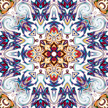 Benzersiz mandala, Oriental yuvarlak desen, mistik motifi, egzotik arka plan. Fantastik fraktal tasarım, geometrik doku parlayan renkli dijital sanat.