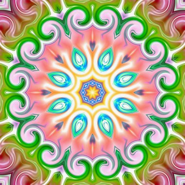 Benzersiz mandala, Oriental yuvarlak desen, mistik motifi, egzotik arka plan. Fantastik fraktal tasarım, geometrik doku parlayan renkli dijital sanat.