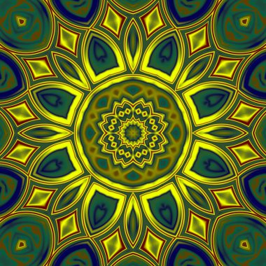 Benzersiz mandala, Oriental yuvarlak desen, mistik motifi, egzotik arka plan. Fantastik fraktal tasarım, geometrik doku parlayan renkli dijital sanat.