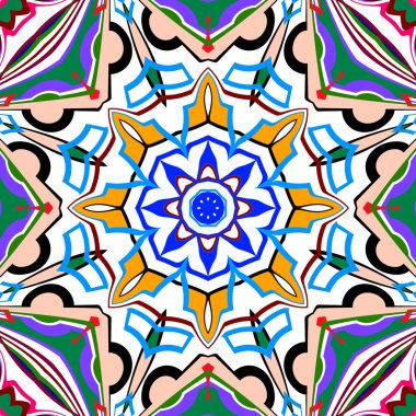 Benzersiz mandala, Oriental yuvarlak desen, mistik motifi, egzotik arka plan. Fantastik fraktal tasarım, geometrik doku parlayan renkli dijital sanat.