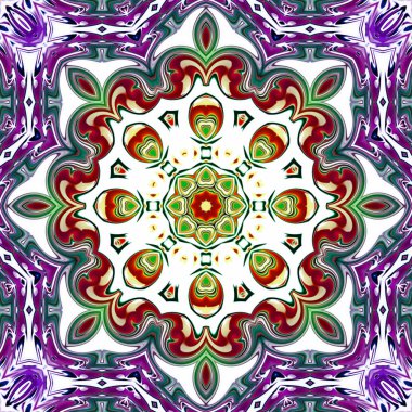 Benzersiz mandala, Oriental yuvarlak desen, mistik motifi, egzotik arka plan. Fantastik fraktal tasarım, geometrik doku parlayan renkli dijital sanat.