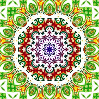 Benzersiz mandala, Oriental yuvarlak desen, mistik motifi, egzotik arka plan. Fantastik fraktal tasarım, geometrik doku parlayan renkli dijital sanat.