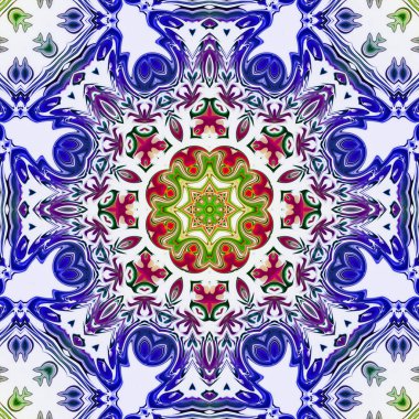 Benzersiz mandala, Oriental yuvarlak desen, mistik motifi, egzotik arka plan. Fantastik fraktal tasarım, geometrik doku parlayan renkli dijital sanat.